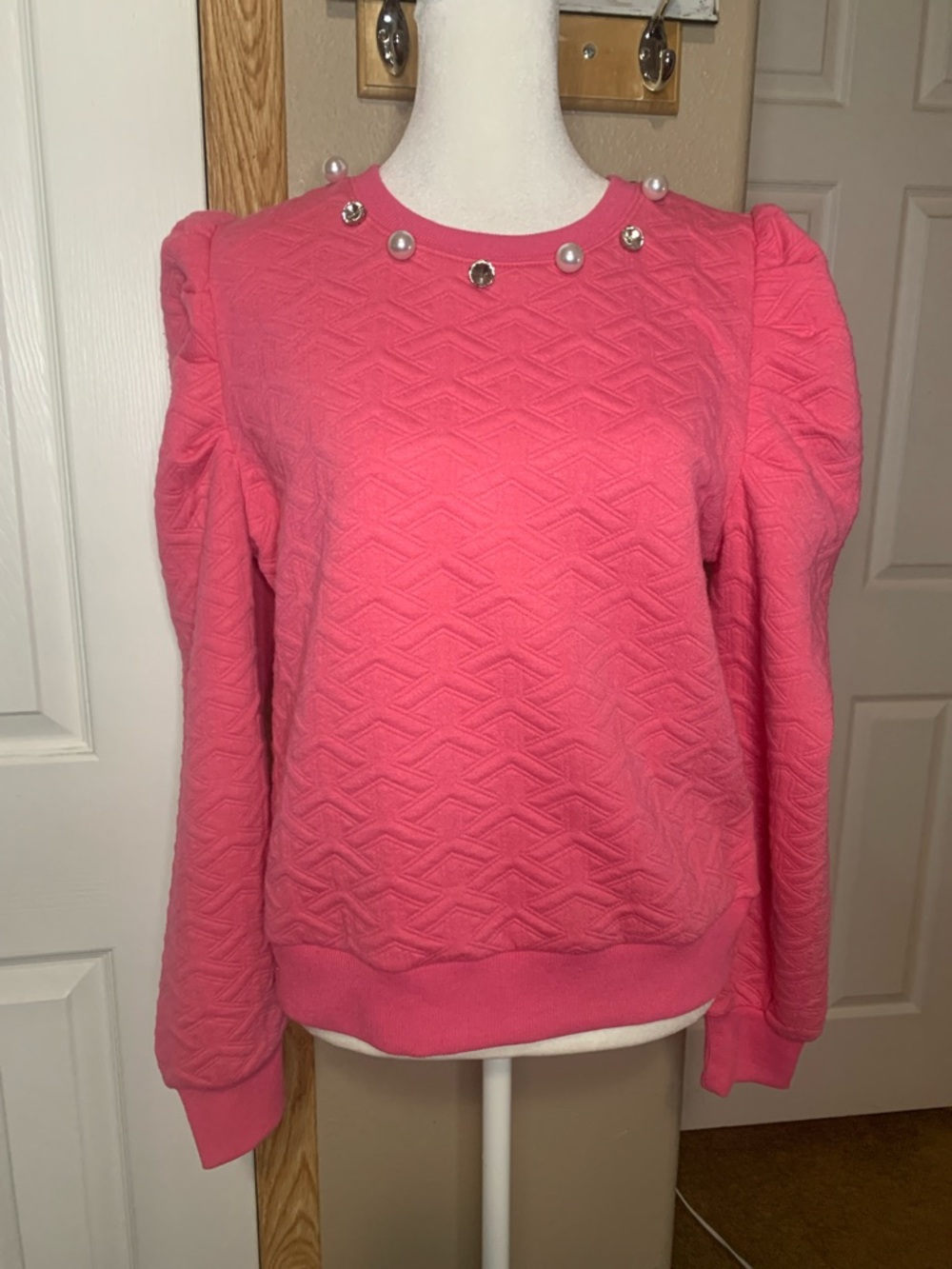 SIMPLY SOUTHERN Pink Textured Puff Sleeve Crewneck with Rhinestones & Pearls